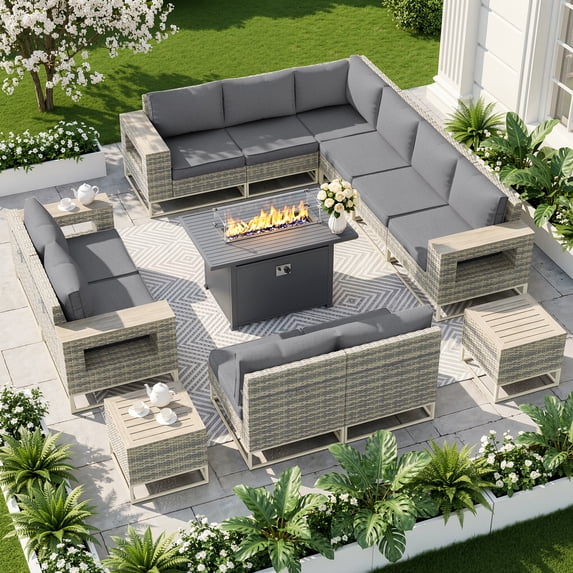 Muphyers 13 Piece Outdoor Patio Furniture Set, 43" 55000 BTU Aluminum Propane Gas Fire Pit Table, All-Weather Rattan Wicker Sectional Sofa, Wide Armrest Conversation Set for Deck Garden Yard,Gray