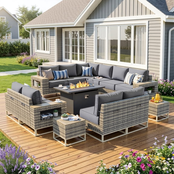 Muphyers 13 Piece Outdoor Patio Furniture Set, 43" 55000 BTU Aluminum Propane Gas Fire Pit Table, All-Weather Rattan Wicker Sectional Sofa, Wide Armrest Conversation Set for Deck Garden Yard,Gray