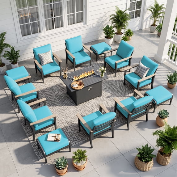 Muphyers 13 Piece Patio Furniture Set with 55,000 BTU 43" Gas Propane Fire Pit Table, Ottomans, Aluminum Outdoor Conversation Set, Ergonomic Dining Chairs Set for Backyard Deck Garden,Turquoise