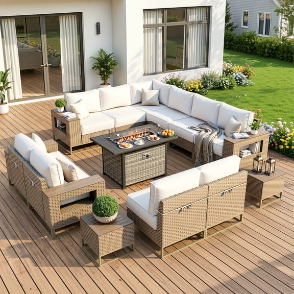 Muphyers 13 Piece Patio Furniture Set with 55000 BTU Propane Fire Pit Table, All-Weather Rattan Wicker Outdoor Sectional, Gas Fire Table, Wide Armrests Conversation Set for Deck, Garden, Yard,Cream