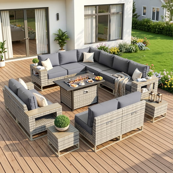 Muphyers 13 Piece Patio Furniture Set with 55000 BTU Propane Fire Pit Table, All-Weather Rattan Wicker Outdoor Sectional, Gas Fire Table, Wide Armrests Conversation Set for Deck, Garden, Yard,Gray