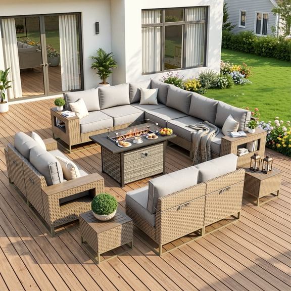 Muphyers 13 Piece Patio Furniture Set with 55000 BTU Propane Fire Pit Table, All-Weather Rattan Wicker Outdoor Sectional, Gas Fire Table, Wide Armrests Conversation Set for Deck, Garden, Yard,Brown