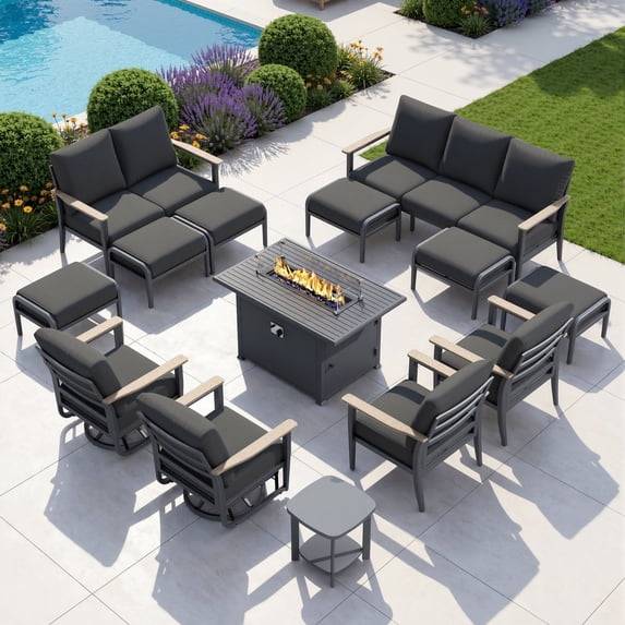 Muphyers 14 Piece Aluminum Outdoor Patio Furniture Set, 55000 BTU CSA Propane Fire Pit Table, 360° Swivel Rocker Sofa Set with Ottomans, All Weather for Backyard, Garden, Porch,Black