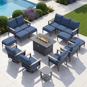 Muphyers 14 Piece Aluminum Outdoor Patio Furniture Set, 55000 BTU CSA Propane Fire Pit Table, 360  Swivel Rocker Sofa Set with Ottomans, All Weather for Backyard, Garden, Porch,Navy Blue