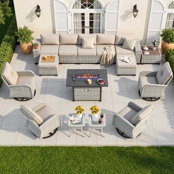 Muphyers 15 Pcs Outdoor Rattan Furniture Set, Wicker Patio Sectional Sofa with CSA Fire Pit Table 360 Swivel Rocker Chair, Ottoman, 4” Cushions Conversation Set for Yard Porch Poolside,Beige