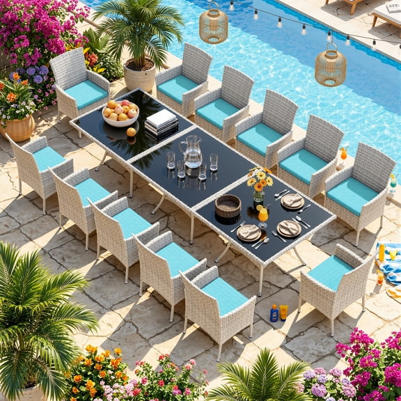 Muphyers 15 Piece Patio Dining Sets for 12 Comfortable Ergonomic Seats Durable Rattan Glass Top Patio Table and Chair Set Removable Cushions Conversation Sets for Home Patio Garden Kitchen,Turquoise