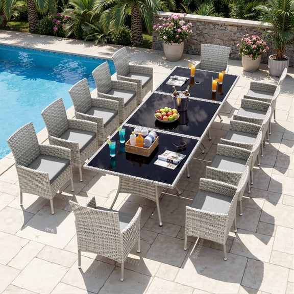 Muphyers 15 Piece Patio Dining Sets for 12 Comfortable Ergonomic Seats Durable Rattan Glass Top Patio Table and Chair Set Removable Cushions Conversation Sets for Home Patio Garden Kitchen,Gray
