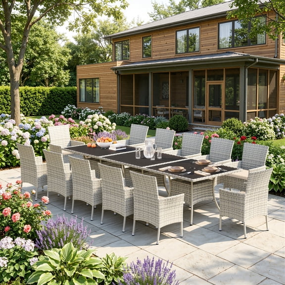 Muphyers 15 Piece Patio Dining Sets for 12 Comfortable Ergonomic Seats Durable Rattan Glass Top Patio Table and Chair Set Removable Cushions Conversation Sets for Home Patio Garden Kitchen,Khaki