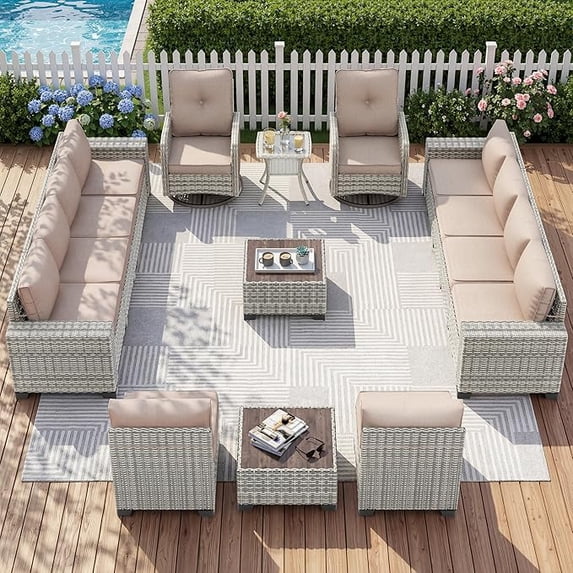 Muphyers 15 Piece All Weather Outdoor Furniture Set, Upgraded Double Rattan Patio Sectional Sofa & 360° Swivel Rocking Chairs, Conversation Set with Double Table for Backyard Garden Poolside,Beige