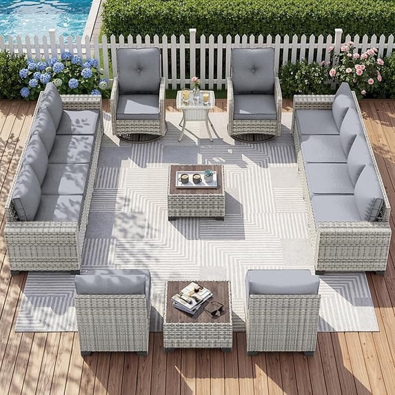 Muphyers 15 Piece All Weather Outdoor Furniture Set, Upgraded Double Rattan Patio Sectional Sofa & 360° Swivel Rocking Chairs, Conversation Set with Double Table for Backyard Garden Poolside,Gray