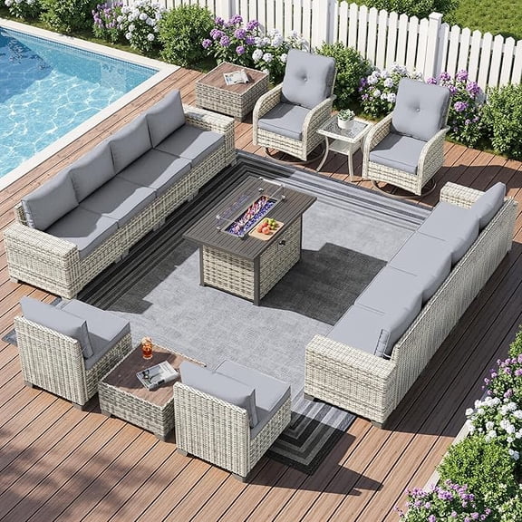 Muphyers 16 Pcs Patio Furniture Set with 43” 55000BTU Fire Pit Table, 360° Swivel Rocking Chairs, Wicker Outdoor Sectional Sofa Set, 4" Waterproof Cushions Conversation Set for Backyard Garden,Gray