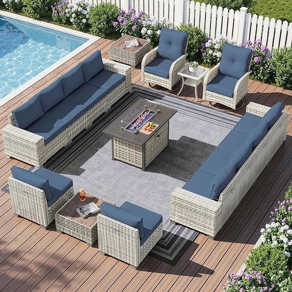 Muphyers 16 Pcs Wicker Patio Furniture Set, Outdoor Sectional Sofa with 55000BTU Fire Pit Table, 360° Swivel Rocking Chairs, 4" Cushions All-Weather Conversation Set for Backyard Porch,Navy Blue