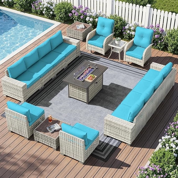 Muphyers 16 Pcs Wicker Patio Furniture Set, Outdoor Sectional Sofa with 55000BTU Fire Pit Table, 360° Swivel Rocking Chairs, 4" Cushions All-Weather Conversation Set for Backyard Porch,Turquoise