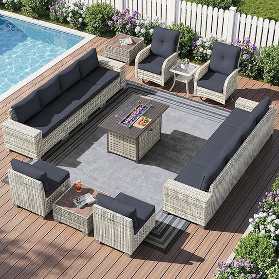 Muphyers 16 Pcs Wicker Patio Furniture Set, Outdoor Sectional Sofa with 55000BTU Fire Pit Table, 360° Swivel Rocking Chairs, 4" Cushions All-Weather Conversation Set for Backyard Porch,Dark Gray