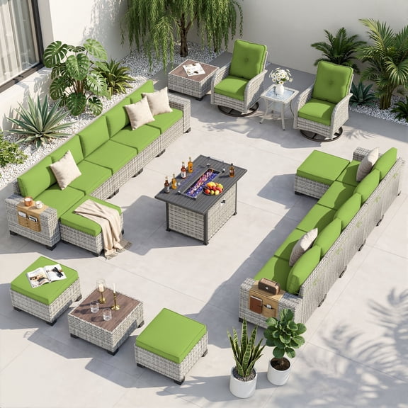 Muphyers 20 Pcs Outdoor Rattan Furniture Set, Wicker Patio Sectional Sofa with CSA Fire Pit Table 360 Swivel Rocker Chair, Ottoman, 4” Cushions Conversation Set for Yard Porch Poolside,Grass Green