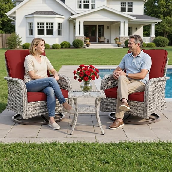 Muphyers 3-Piece Swivel Rocker Chairs Set, Rattan Patio Furniture Set with 4" Thick Cushions & Double-Layer Tempered Glass Table, Outdoor Conversation Set for Deck Porch,Red