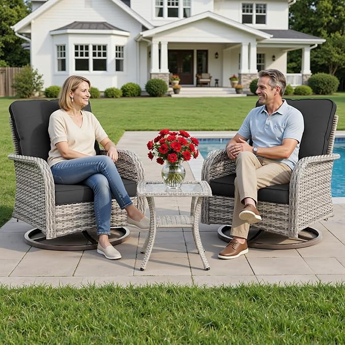 Muphyers 3-Piece Swivel Rocker Chairs Set, Rattan Patio Furniture Set with 4" Thick Cushions & Double-Layer Tempered Glass Table, Outdoor Conversation Set for Deck Porch,Black