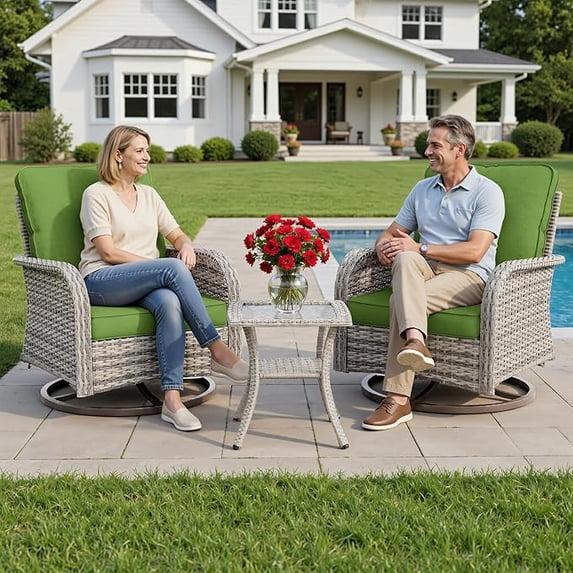 Muphyers 3-Piece Swivel Rocker Chairs Set, Rattan Patio Furniture Set with 4" Thick Cushions & Double-Layer Tempered Glass Table, Outdoor Conversation Set for Deck Porch,Grass Green