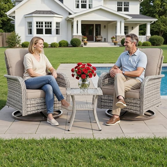 Muphyers 3-Piece Swivel Rocker Chairs Set, Rattan Patio Furniture Set with 4" Thick Cushions & Double-Layer Tempered Glass Table, Outdoor Conversation Set for Deck Porch,Khaki