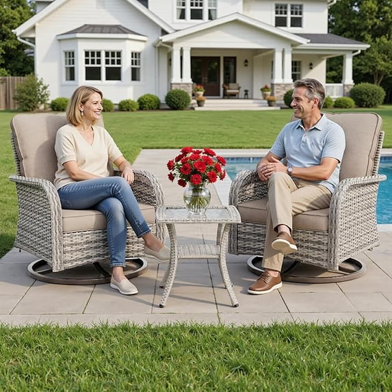 Muphyers 3-Piece Swivel Rocker Chairs Set, Rattan Patio Furniture Set with 4" Thick Cushions & Double-Layer Tempered Glass Table, Outdoor Conversation Set for Deck Porch,Khaki