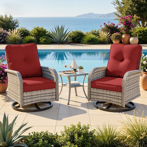 Muphyers 3-Piece Swivel Rocker Chairs Set, Rattan Patio Furniture Set with 4" Thick Cushions & Double-Layer Tempered Glass Table, Outdoor Conversation Set for Deck Porch,Red