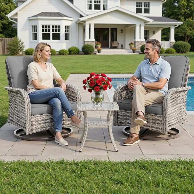 Muphyers 3-Piece Swivel Rocker Chairs Set, Rattan Patio Furniture Set with 4" Thick Cushions & Double-Layer Tempered Glass Table, Outdoor Conversation Set for Deck Porch,Gray
