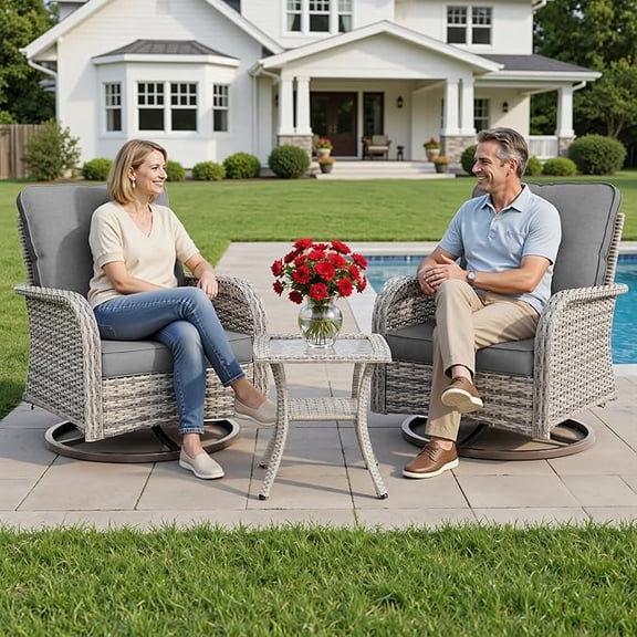 Muphyers 3-Piece Swivel Rocker Chairs Set, Rattan Patio Furniture Set with 4" Thick Cushions & Double-Layer Tempered Glass Table, Outdoor Conversation Set for Deck Porch,Gray