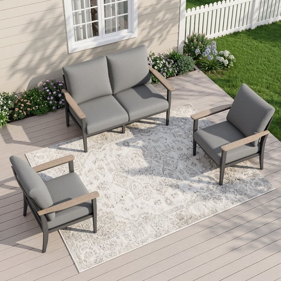 Muphyers 3 Pieces Aluminum Patio Furniture Set for 7, All Weather Outdoor Conversation Set with Thick Washable Cushions, Oversized Seat for Backyard, Porch, Deck,Gray