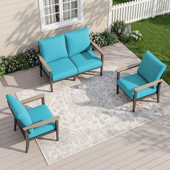 Muphyers 3 Pieces Aluminum Patio Furniture Set for 7, All Weather Outdoor Conversation Set with Thick Washable Cushions, Oversized Seat for Backyard, Porch, Deck,Turquoise