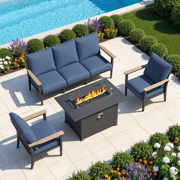 Muphyers 4 Piece Aluminum Patio Furniture Set, with 55000 BTU Propane Fire Pit Table, 5.1" Thick Cushions, Outdoor Conversation Sofa Set for Backyard Garden Deck,Navy Blue