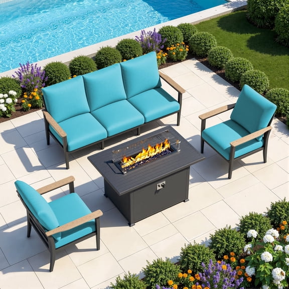 Muphyers 4 Piece Aluminum Patio Furniture Set, with 55000 BTU Propane Fire Pit Table, 5.1" Thick Cushions, Outdoor Conversation Sofa Set for Backyard Garden Deck,Turquoise