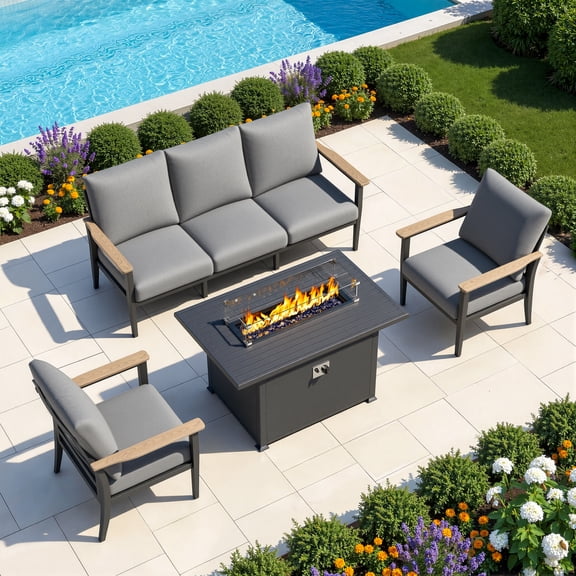 Muphyers 4 Piece Aluminum Patio Furniture Set, with 55000 BTU Propane Fire Pit Table, 5.1" Thick Cushions, Outdoor Conversation Sofa Set for Backyard Garden Deck,Gray