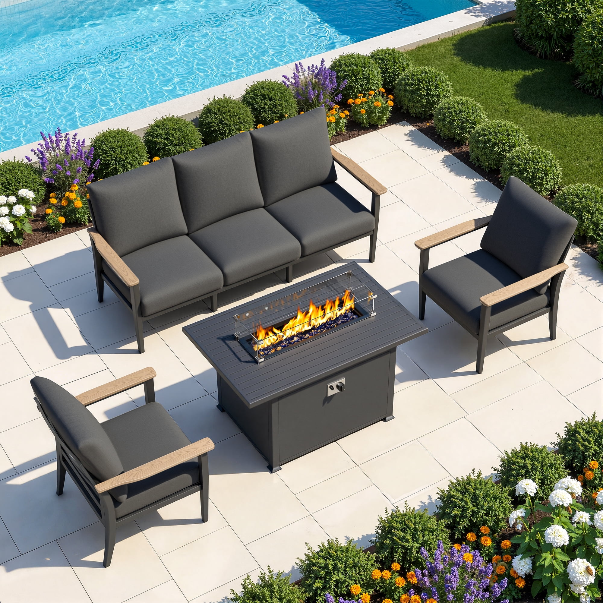 Muphyers 4 Piece Aluminum Patio Furniture Set, with 55000 BTU Propane Fire Pit Table, 5.1" Thick Cushions, Outdoor Conversation Sofa Set for Backyard Garden Deck,Black