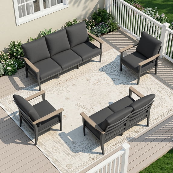 Muphyers 4 Pieces Aluminum Patio Furniture Set for 7, All Weather Outdoor Conversation Set with Thick Washable Cushions, Oversized Seat for Backyard, Porch, Deck,Black