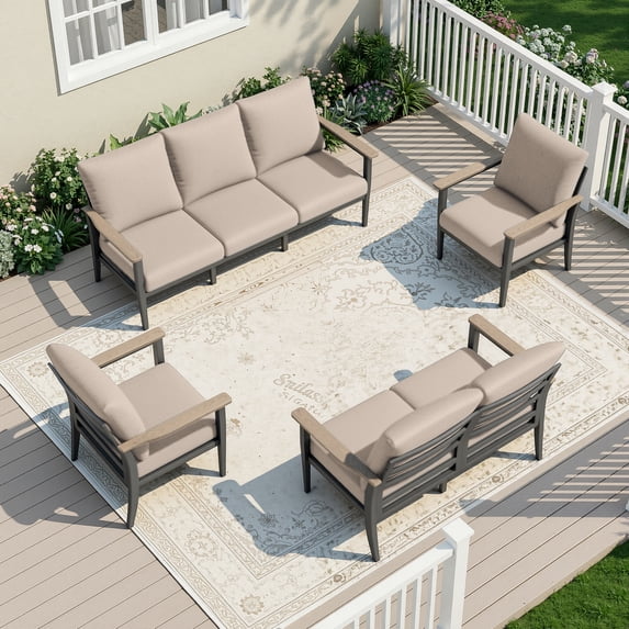 Muphyers 4 Pieces Aluminum Patio Furniture Set for 7, All Weather Outdoor Conversation Set with Thick Washable Cushions, Oversized Seat for Backyard, Porch, Deck,Khaki