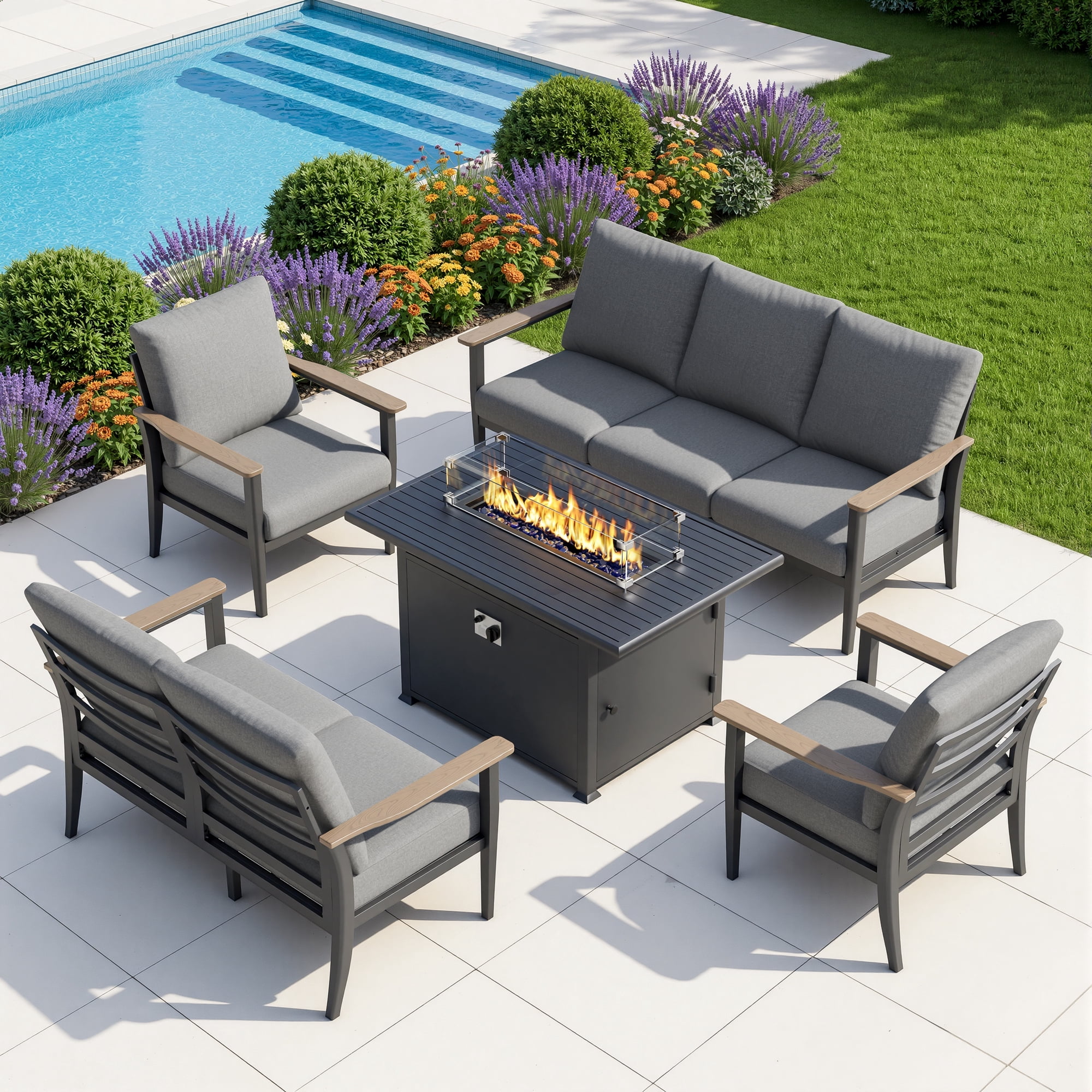 Muphyers 5 Piece Aluminum Patio Furniture Set, with 55000 BTU Propane Fire Pit Table, 5.1" Thick Cushions, Outdoor Conversation Sofa Set for Backyard Garden Deck,Gray