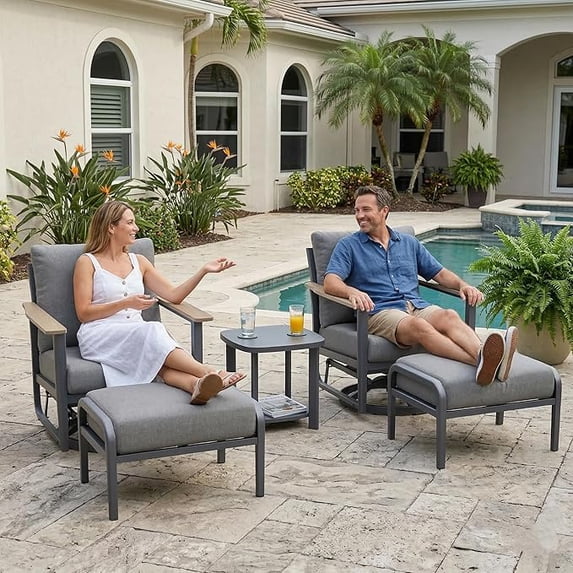 Muphyers 5 Piece Aluminum Patio Furniture, Swivel Rocking Chairs Set with Ottomans, 26.5" Wide Seat Bistro Set, 400LBS 5.1" Cushions 3.3" Armrest Patio Conversation Set for Backyard Deck,Gray
