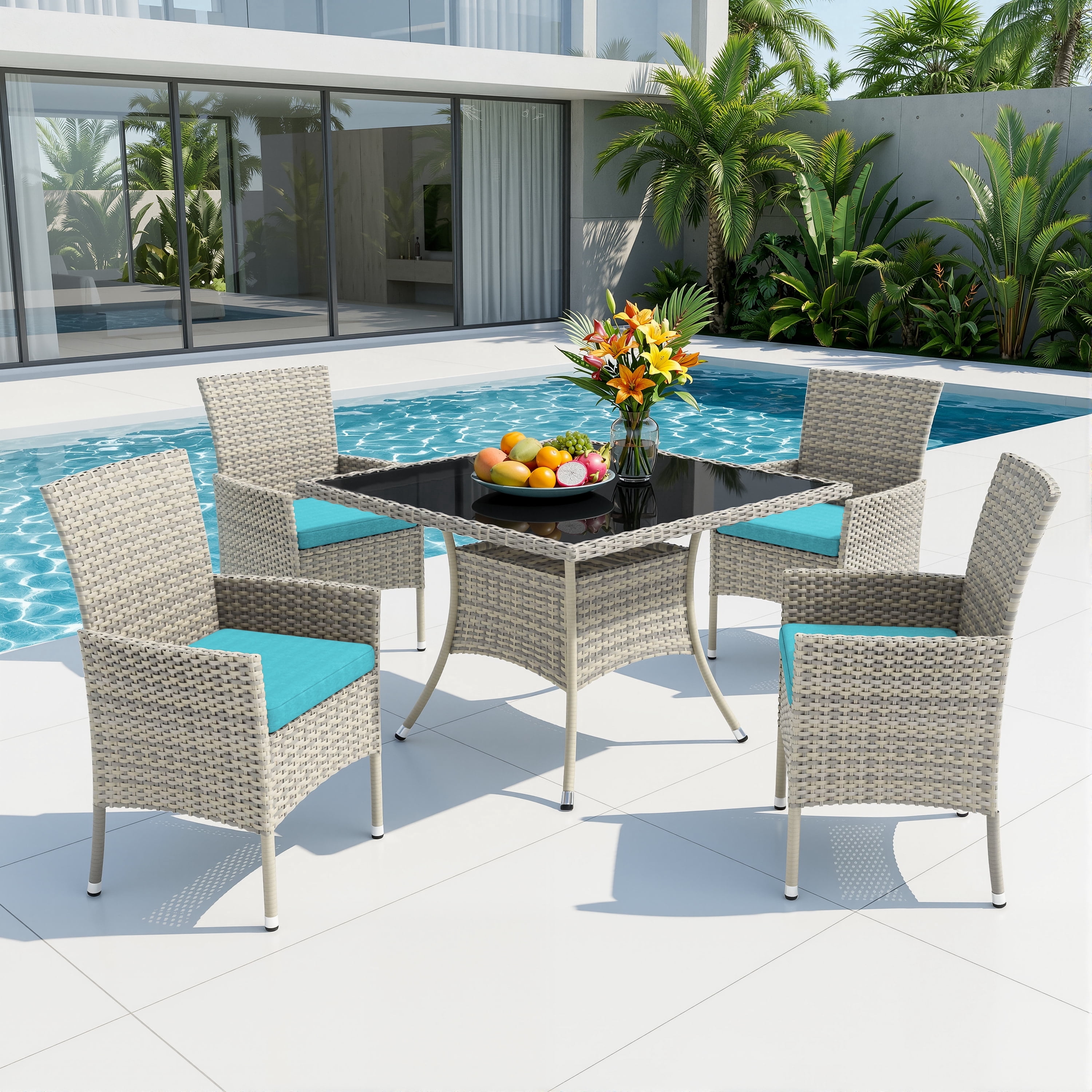 Muphyers 5 Piece Patio Dining Sets for 4 Comfortable Ergonomic Seats Durable Rattan Glass Top Patio Table and Chair Set Removable Cushions Conversation Sets for Home Patio Garden Kitchen,Turquoise
