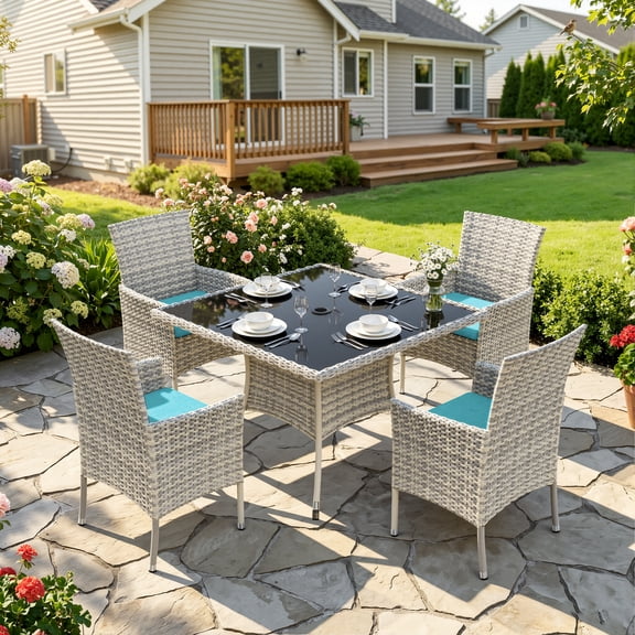 Muphyers 5 Piece Patio Dining Sets for 4 Comfortable Ergonomic Seats Durable Rattan Glass Top Patio Table and Chair Set Removable Cushions Conversation Sets for Home Patio Garden Kitchen,Turquoise