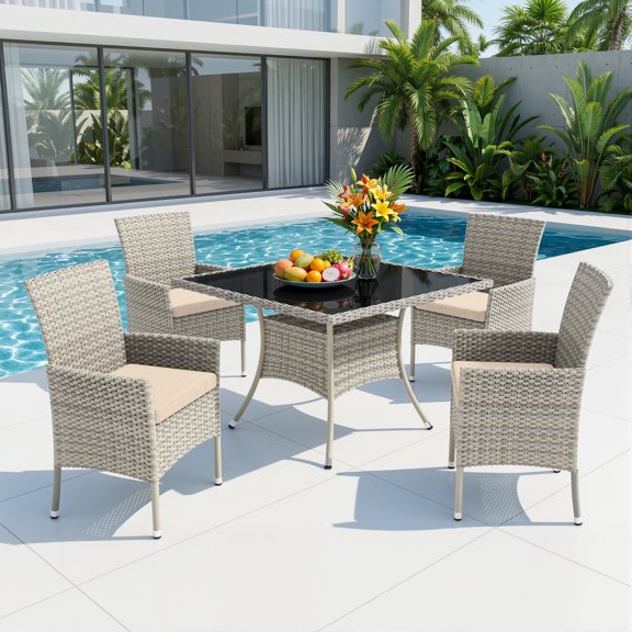 Muphyers 5 Piece Patio Dining Sets for 4 Comfortable Ergonomic Seats Durable Rattan Glass Top Patio Table and Chair Set Removable Cushions Conversation Sets for Home Patio Garden Kitchen,Khaki
