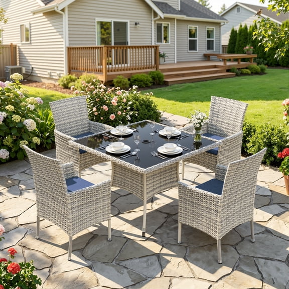 Muphyers 5 Piece Patio Dining Sets for 4 Comfortable Ergonomic Seats Durable Rattan Glass Top Patio Table and Chair Set Removable Cushions Conversation Sets for Home Patio Garden Kitchen,Navy Blue