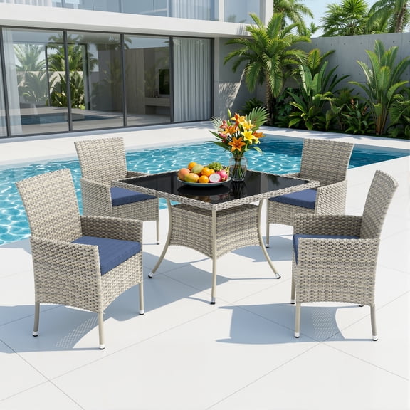 Muphyers 5 Piece Patio Dining Sets for 4 Comfortable Ergonomic Seats Durable Rattan Glass Top Patio Table and Chair Set Removable Cushions Conversation Sets for Home Patio Garden Kitchen,Navy Blue