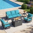 thumbnail image 1 of Muphyers 5 Piece Patio Furniture Set, 55000 BTU CSA Fire Pit Table, Aluminum Patio Sofa Set with 360° Swivel Rocking Chairs, 5.1" Cushions, All Weather for Backyard, Garden, Porch,Turquoise, 1 of 11