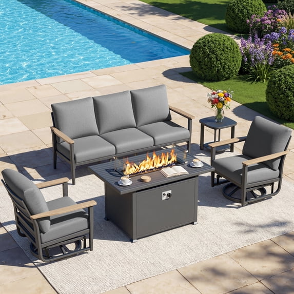 Muphyers 5 Piece Patio Furniture Set, 55000 BTU CSA Fire Pit Table, Aluminum Patio Sofa Set with 360° Swivel Rocking Chairs, 5.1" Cushions, All Weather for Backyard, Garden, Porch,Gray