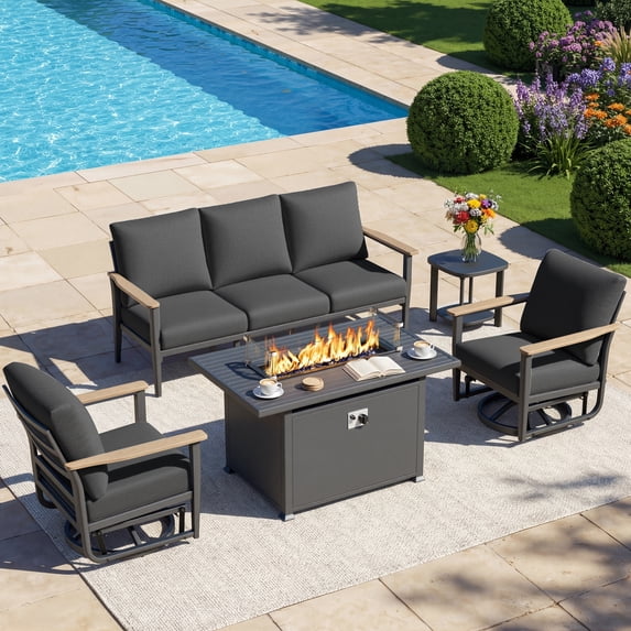 Muphyers 5 Piece Patio Furniture Set, 55000 BTU CSA Fire Pit Table, Aluminum Patio Sofa Set with 360° Swivel Rocking Chairs, 5.1" Cushions, All Weather for Backyard, Garden, Porch,Black