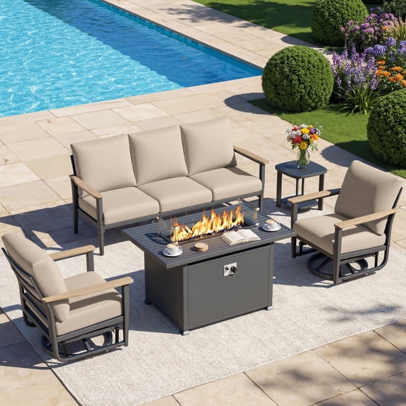 Muphyers 5 Piece Patio Furniture Set, 55000 BTU CSA Fire Pit Table, Aluminum Patio Sofa Set with 360° Swivel Rocking Chairs, 5.1" Cushions, All Weather for Backyard, Garden, Porch,Khaki