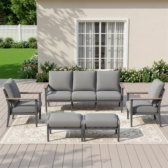Muphyers 5 Piece Patio Furniture Set with Ottomans, 5.1" Thick Cushions Patio Conversation Sets, Ergonomic Design Outdoor Sectional Furniture Set for Balcony, Porch, Backyard,Gray