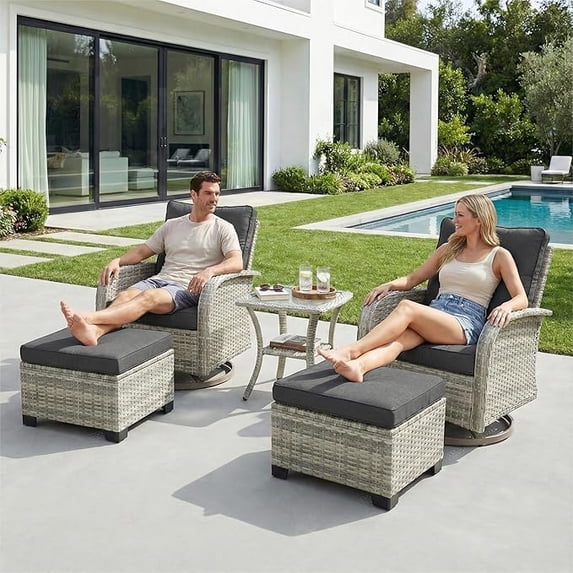 Muphyers 5-Piece Wicker Swivel Rocking Chair Patio Set, Outdoor Patio Furniture Set with Ottomans, 4" Cushions, Adjustable Feet, Double‑Layer Glass Table for Porch Garden Deck Relaxation,Black