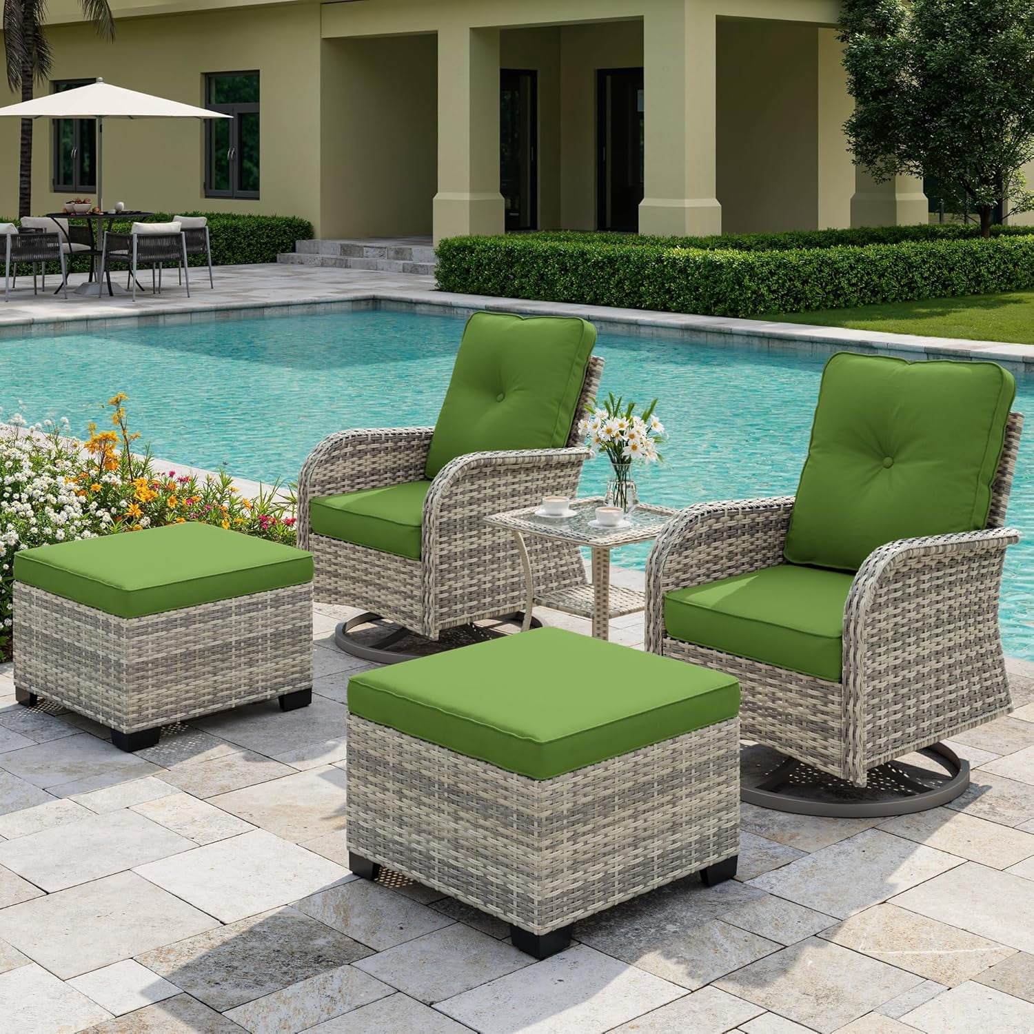 Muphyers 5-Piece Wicker Swivel Rocking Chair Patio Set, Outdoor Patio Furniture Set with Ottomans, 4" Cushions, Adjustable Feet, Double‑Layer Glass Table for Porch Garden Deck Relaxation,Grass Green