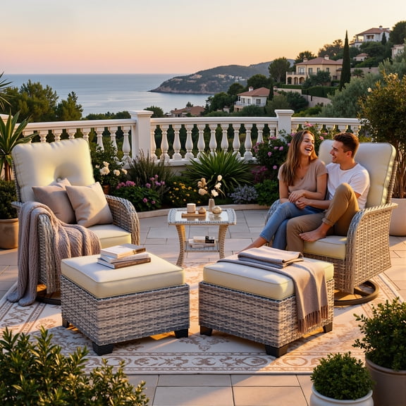 Muphyers 5-Piece Wicker Swivel Rocking Chair Patio Set, Outdoor Patio Furniture Set with Ottomans, 4" Cushions, Adjustable Feet, Double‑Layer Glass Table for Porch Garden Deck Relaxation,Off White